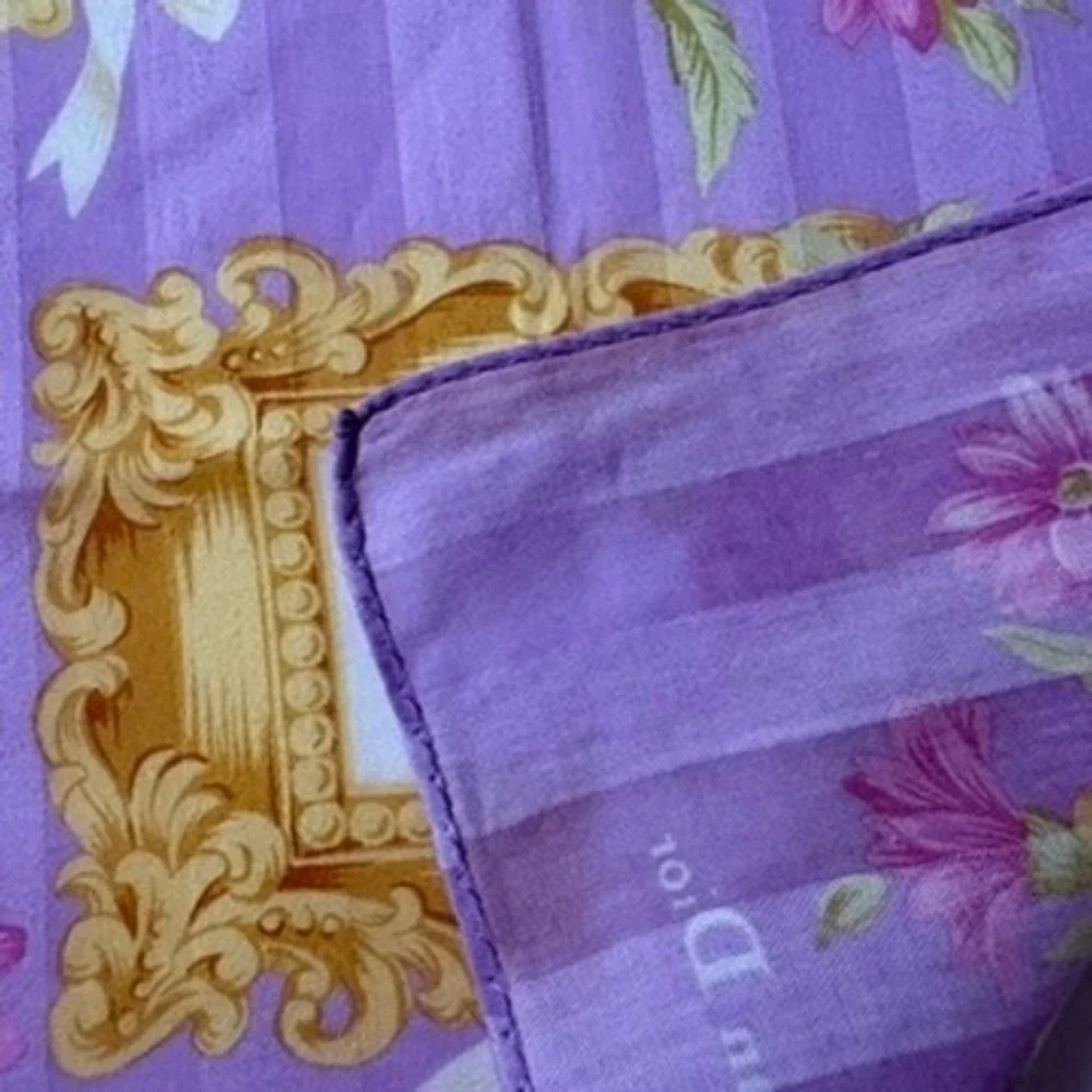Vtg CHRISTIAN DIOR Scarf Handkerchief Floral Purple Gold 18.5